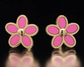 Ladies German Gold and Pink Gem Stone Floral Earrings 