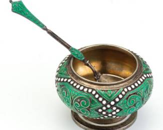 DanishNorwegian Antique Gold Washed Sterling Silver and Enamel Salt Cellar and Spoon 