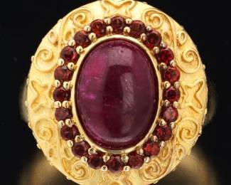 Ladies Byzantine Empire Style Gold Vermeil Sterling Silver, Ruby and Garnet Ring 