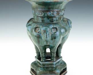 Chinese Porcelain Flamb Glazed Water Buffalos Pedestal Vase, after Antique 