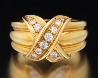 Ladies Tiffany Style Gold and Diamond X Design Ring 