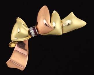 Retro TwoTone Gold, Ruby and Diamond Bow Brooch 