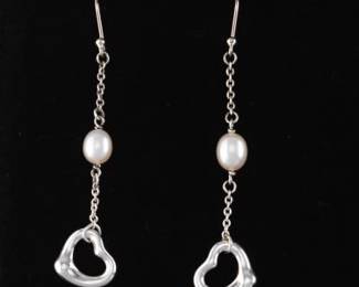 Tiffany  Co. Elsa Peretti Pair of Sterling Silver and Pearl Heart Earrings 