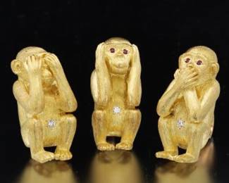 Three Wise Monkeys Gold, Diamond and Ruby 3D Figural Brooches 