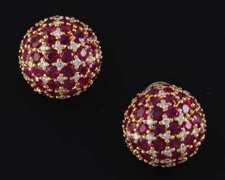 18K Ruby and Diamond Domed Earrings