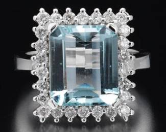 14K White Gold Aquamarine and Diamond Ring