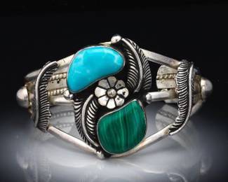 Mexico Navajo Vintage Sterling Silver, Malachite and Larimar Bracelet 