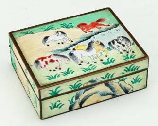 Traditional Chinese Enamelled Bronze Vanity Box with Horses 