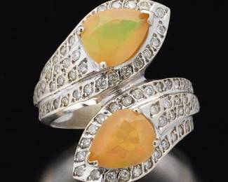 14K White Gold Diamond and Opal Ring