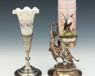 Two Gilded Age Silver Plated and Hand Painted Glass Vases 