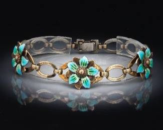 Ladies Vintage Gold, Sterling Silver and Enamel Floral Bracelet 
