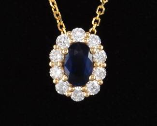 Ladies Gold, Blue Sapphire and Diamond Slider on Chain
