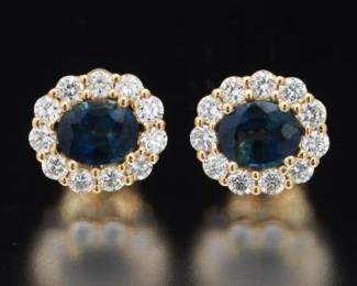 Ladis Gold, Teal Sapphire and Diamond Pair of ear Studs 