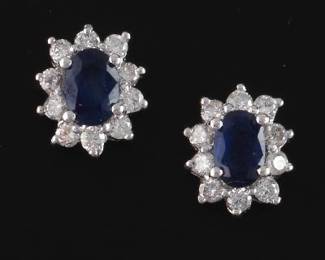Ladies Pair of Gold, Blue Sapphire and Diamond Ear Studs 