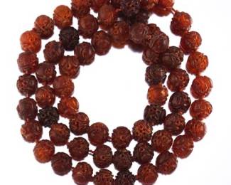 Chinese Imperial Court Reticulated Carved Amber Shou Beads Necklace, Qing Dynasty 