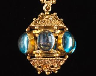 Ladies Antique Gold and Blue Topaz Fob on Modern Twisted Rope Chain 