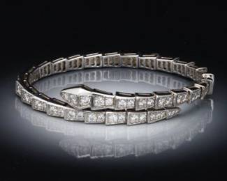 Ladies Bvlgari Style Sterling Silver and Moissanite Serpentine Flex Bypass Bracelet 