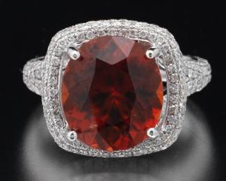 14K White Gold Spessartite Garnet and Diamond Ring
