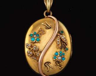 Victorian Gold, Seed Pearls and Turquoise Locket Pendant 