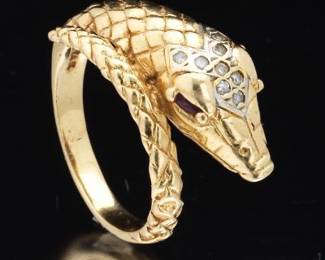 Ladies Gold, Ruby and Diamond Snake Ring 