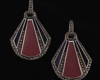 Judith Jack Art Deco Style Pair of Sterling Silver, Carnelian, Black Onyx and Marcasite Fan Earrings 