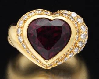 Ladies Gold, Red Tourmaline and Diamond Heart Ring 