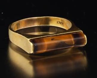 Ladies Italian Gold and Tigerr Eye Bar Ring 