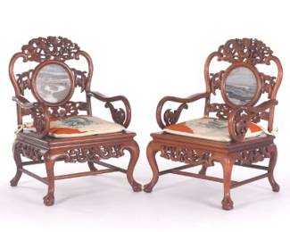 Pair of Chinese Carved Rosewood Armchairs with Mystery Stones Inserts