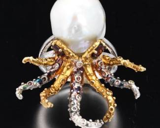 Novelty Gold Vermeil Sterling Silver, Baroque Pearl and Garnet Octopus Ring 