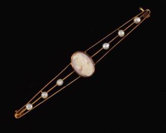 10K Edwardian Cameo and Pearl Brooch 