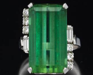 Ladies Art Deco Style Platinum, Lab Created Green Tourmaline and Diamond Ring 
