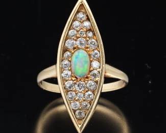Ladies Victorian Style Gold, Opal and Diamond Navette Ring 