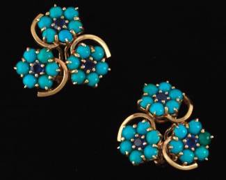 Ladies Pair of Gold, Blue Sapphire and Turquoise Floral Ear Clips 