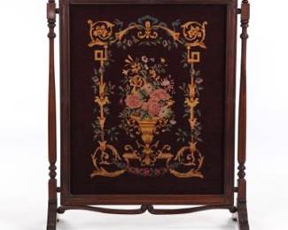 Antique Gilded Age Carved Wood and Needlepoint Fireplace Screen 