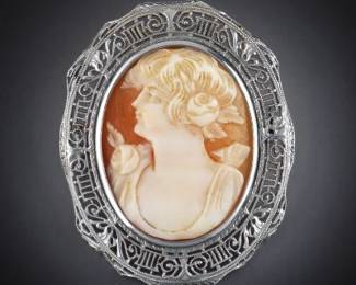1930s 10K White Gold Shell Cameo Brooch