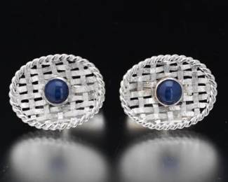 Pair of Gold and Star Blue Sapphire Basket Weave Cufflinks 