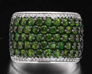 Ladies Sterling Silver, Chrome Diopside and White Gem Stones Wide Ring 