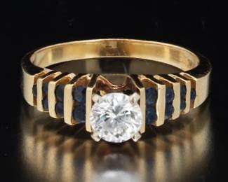 Ladies Vintage Gold, Diamond and Blue Sapphire Ring 