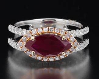 18K Tuotone Mount With GIA Burmese Ruby and Diamond Ring 