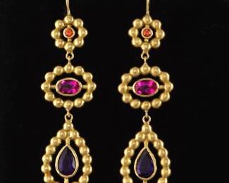 Ladies Pair of Byzantine Empire Style 18K Gold and Gem Stones Dangle Earrings 