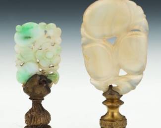 Two Chinese Copper Alloy, Jadeite and Agate Lamps Finials 