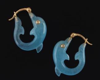 Ladies Pair of Gold, Blue Jade and Diamond Dolphin Earrings 
