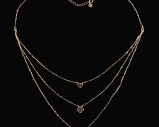 Ladies Gold, Mother of Pearl, Black Onyx and Carnelian Triple Chain Necklace 