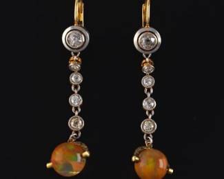 Edwardian Gold, Platinum, Opal and Diamond Dangle Earrings 