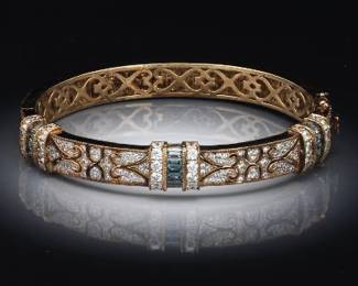 Ladies Art Deco Style Vermeil Gold Sterling Silver, Clear and Blue Gem Stones Bangle 