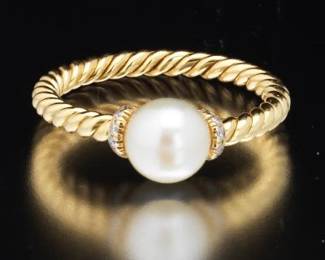 David Yurman 18K Gold, Pearl and Diamond Ring 