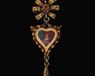 1800s Rare Gilt Brass and Reverse Painted Trachtendeli Devotional Pendant 