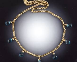 Ladies Gold and Blue Topaz Briolette Fringe Necklace 