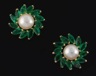 14K Yellow Gold Emerald and Pearl Earrings