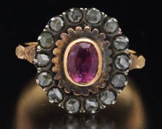 Ladies Georgian Style Gold Toped with Silver, Ruby and Diamond Ring 